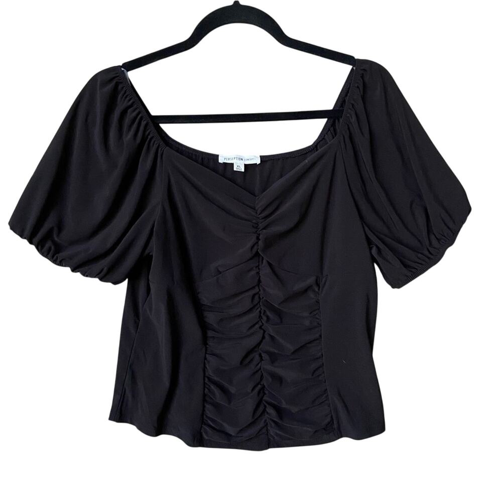 NWT New Perseption Concept Juniors XL Black Short Sleeve V Neck Cropped Blouse